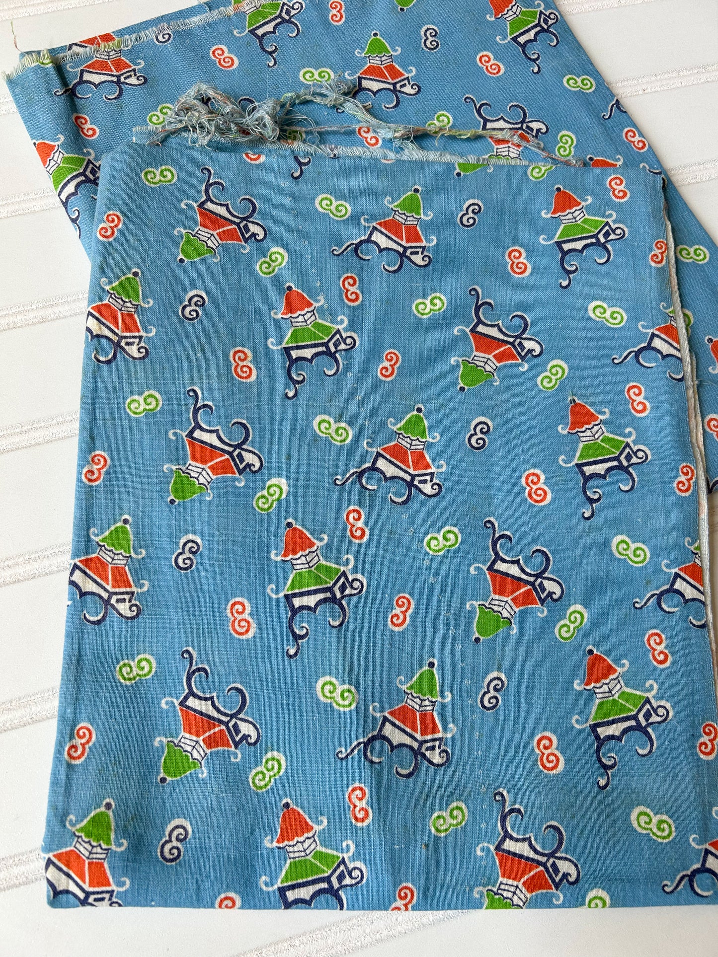 Pair 2 Blue Novelty Pagoda Vintage Feed Sacks