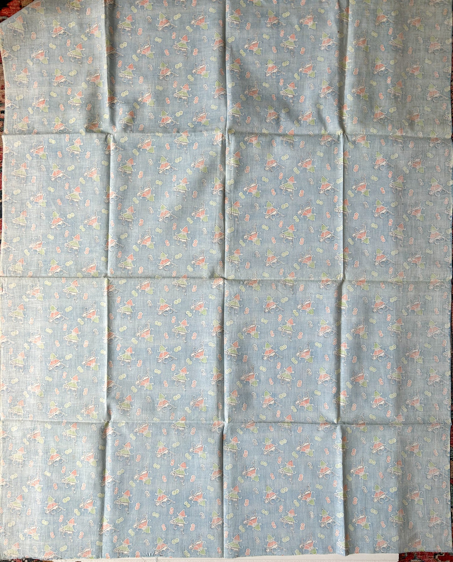 Pair 2 Blue Novelty Pagoda Vintage Feed Sacks