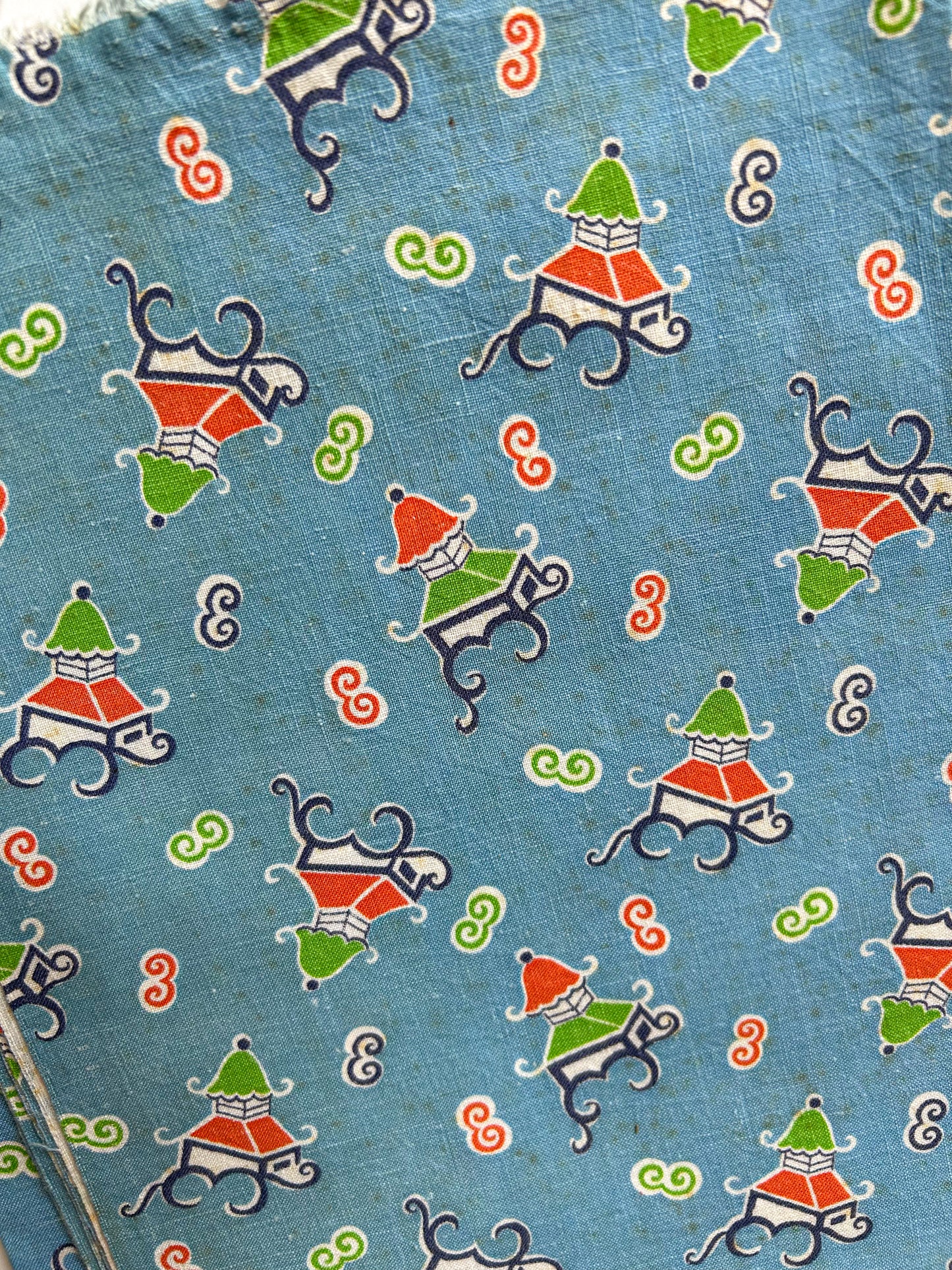 Pair 2 Blue Novelty Pagoda Vintage Feed Sacks