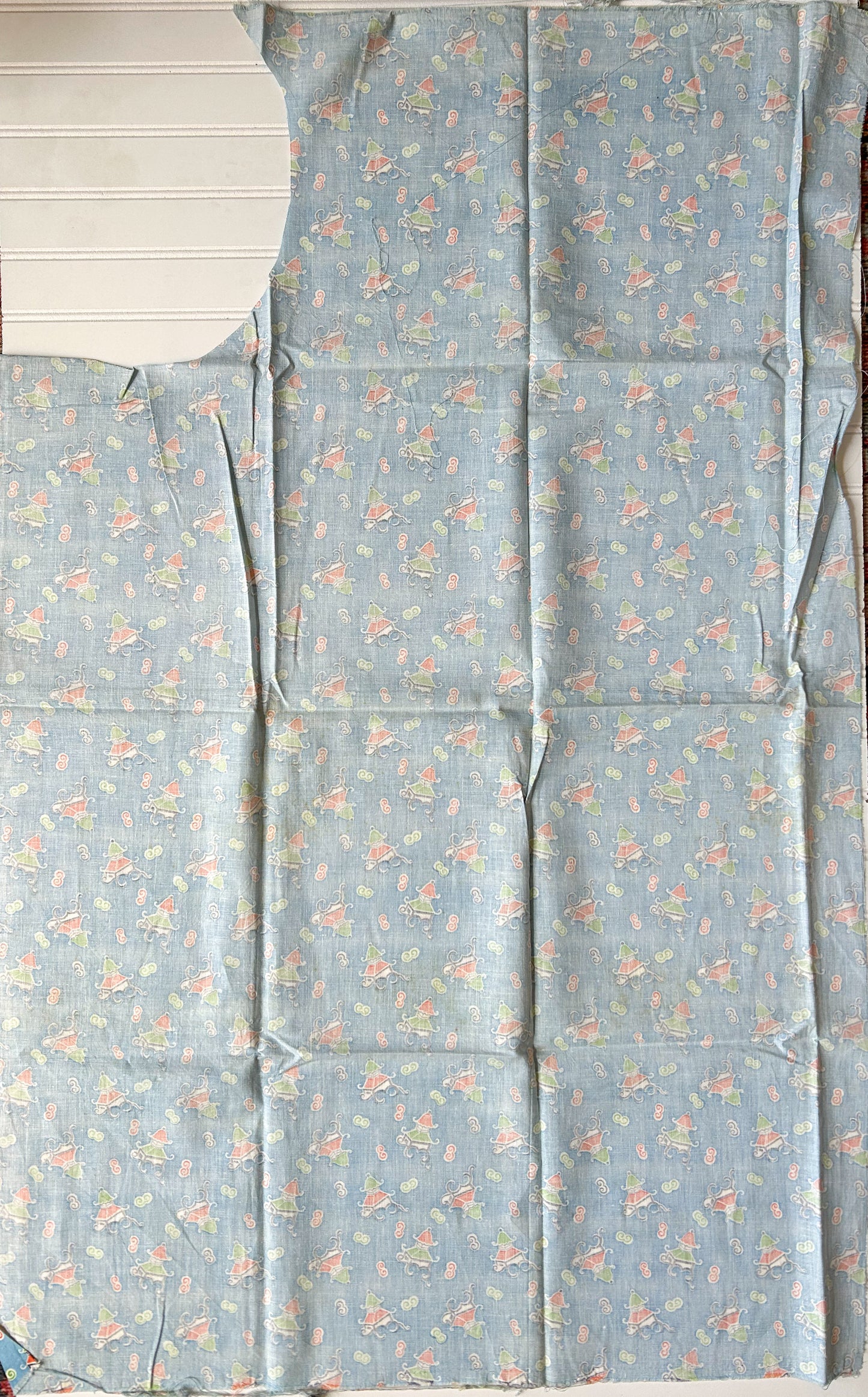 Pair 2 Blue Novelty Pagoda Vintage Feed Sacks