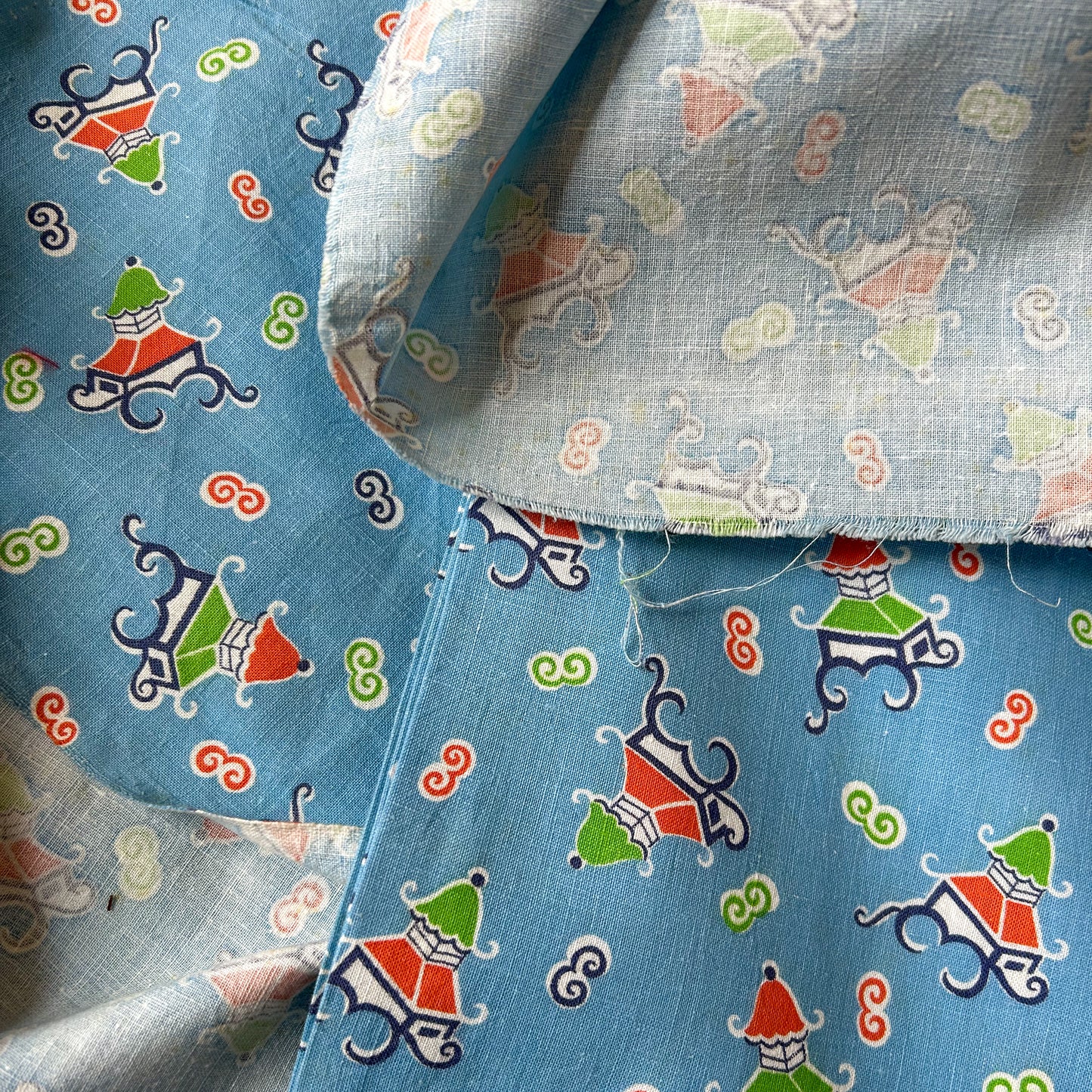 Pair 2 Blue Novelty Pagoda Vintage Feed Sacks