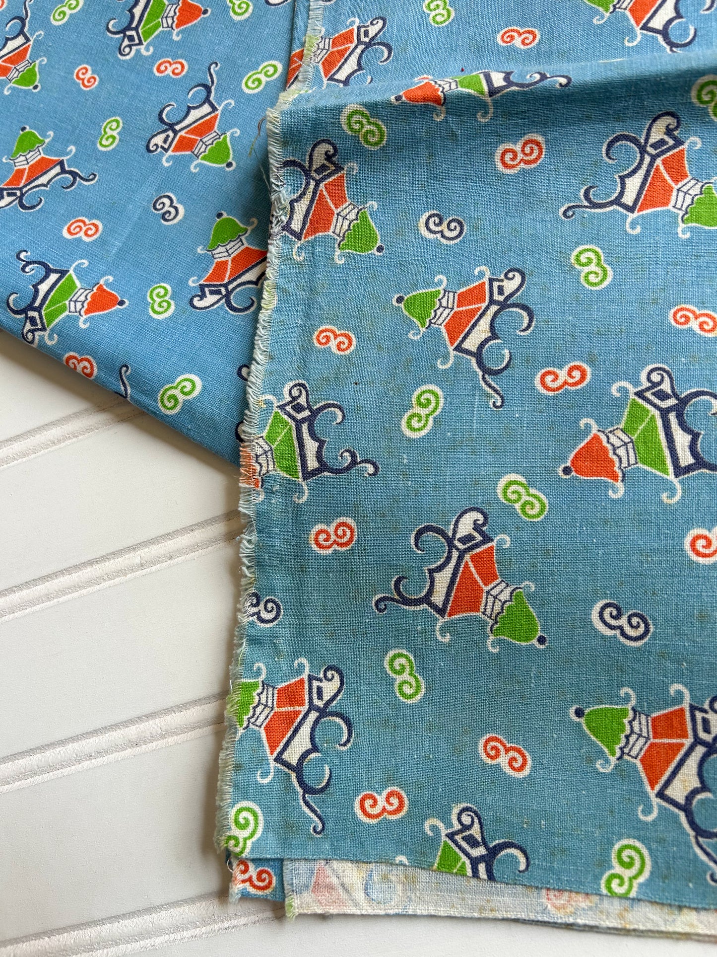 Pair 2 Blue Novelty Pagoda Vintage Feed Sacks