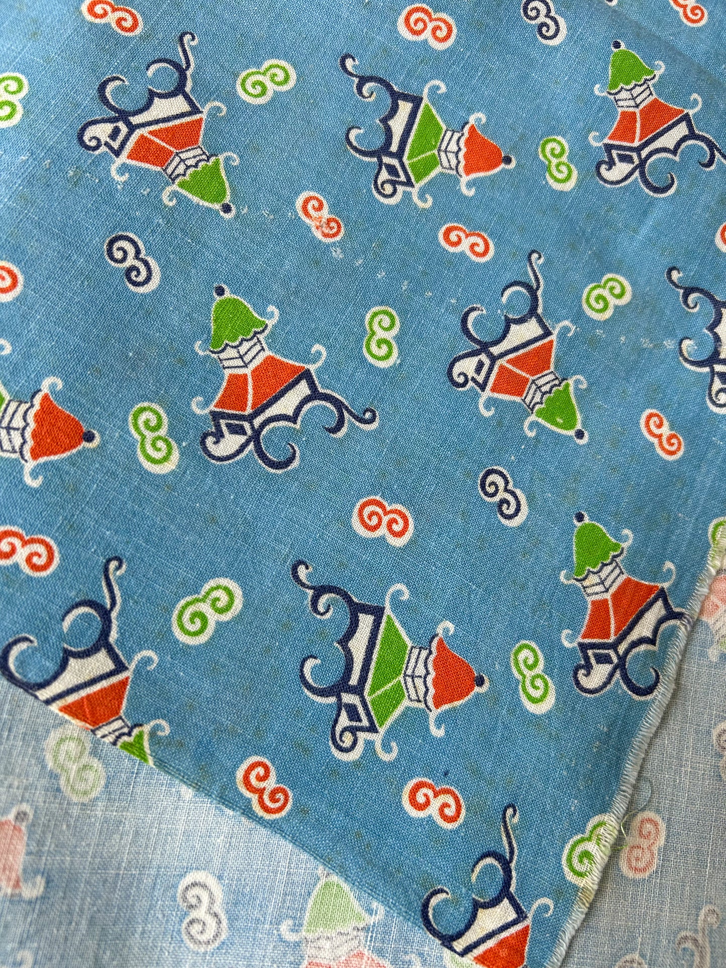 Pair 2 Blue Novelty Pagoda Vintage Feed Sacks