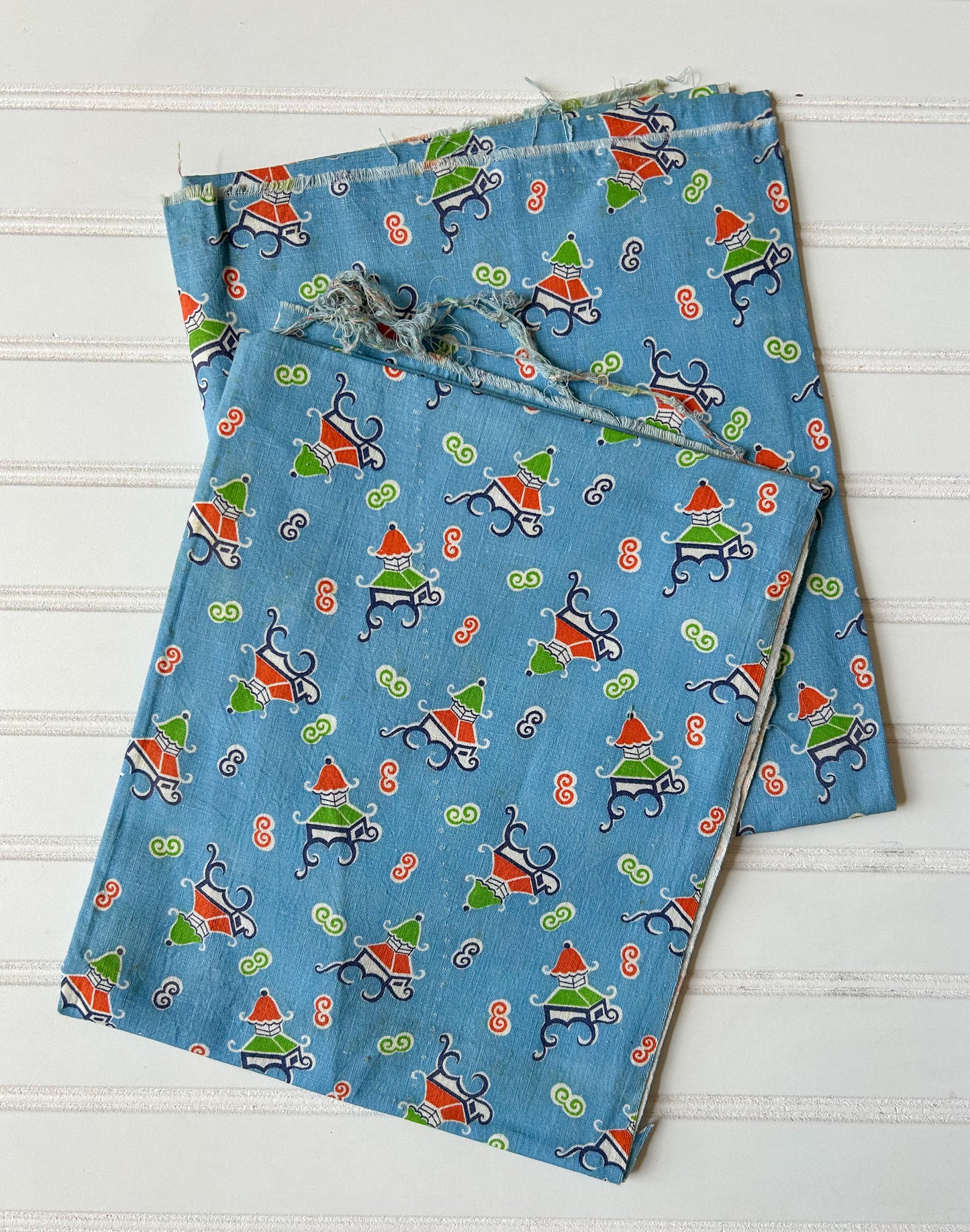 Pair 2 Blue Novelty Pagoda Vintage Feed Sacks