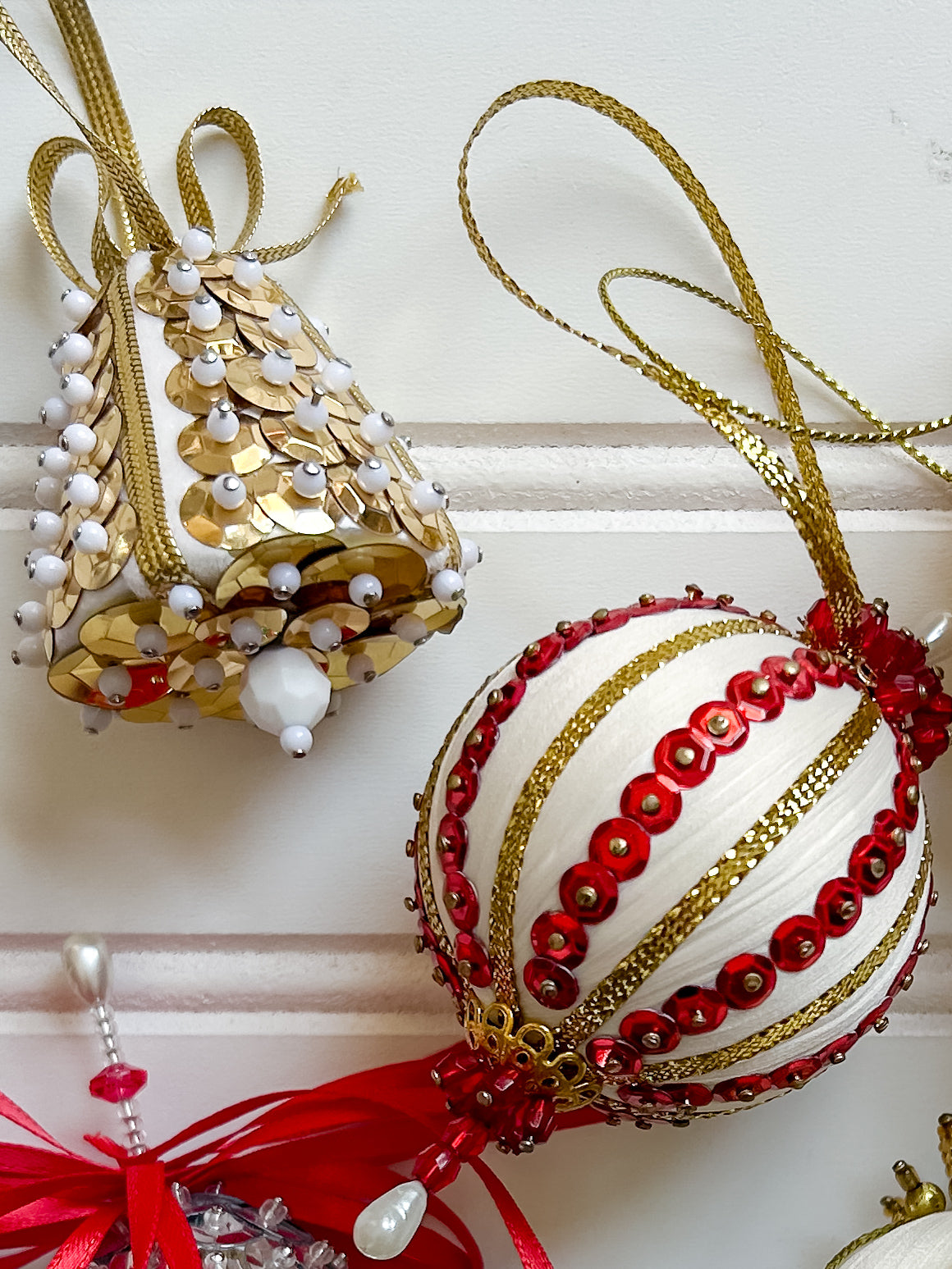 Set 5 Vintage Red & Gold Pincushion Christmas Ornaments