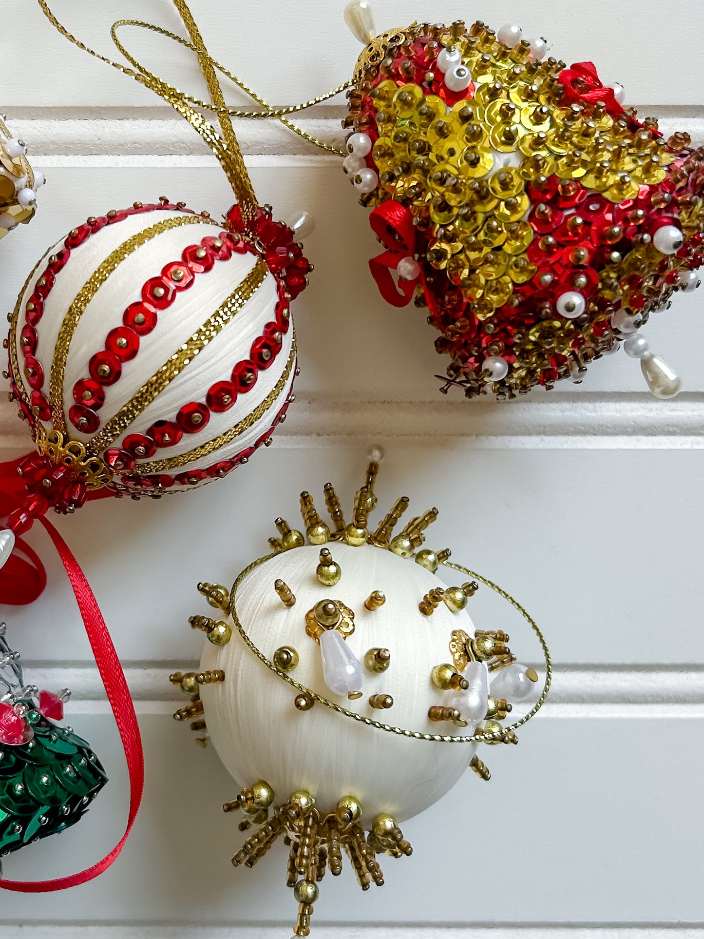 Set 5 Vintage Red & Gold Pincushion Christmas Ornaments