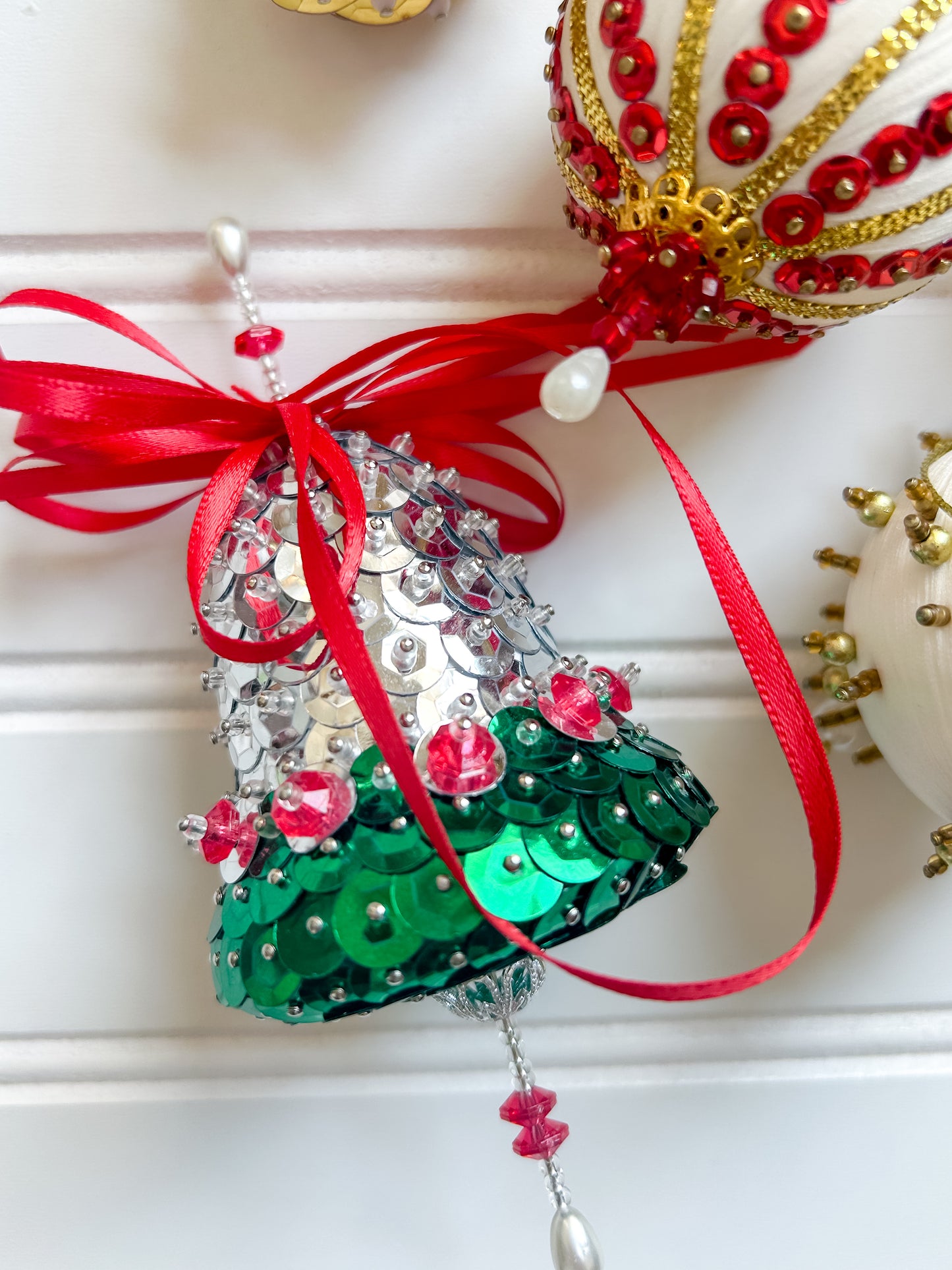 Set 5 Vintage Red & Gold Pincushion Christmas Ornaments