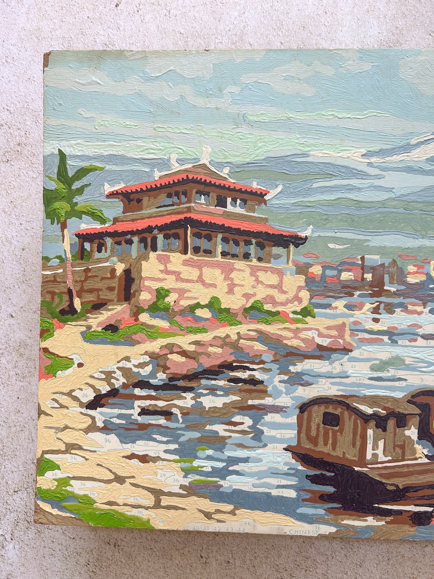 Vintage Paint by Number Boat on Lake Scene