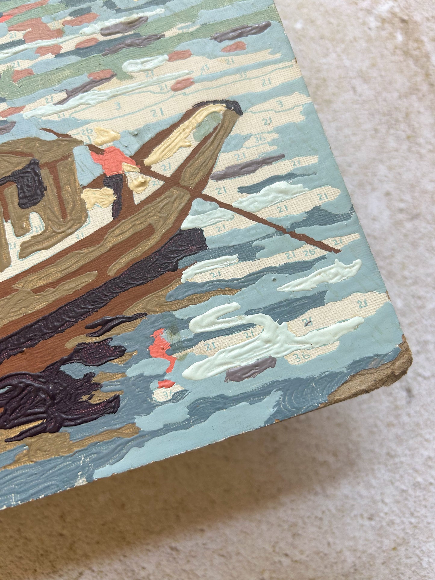 Vintage Paint by Number Boat on Lake Scene