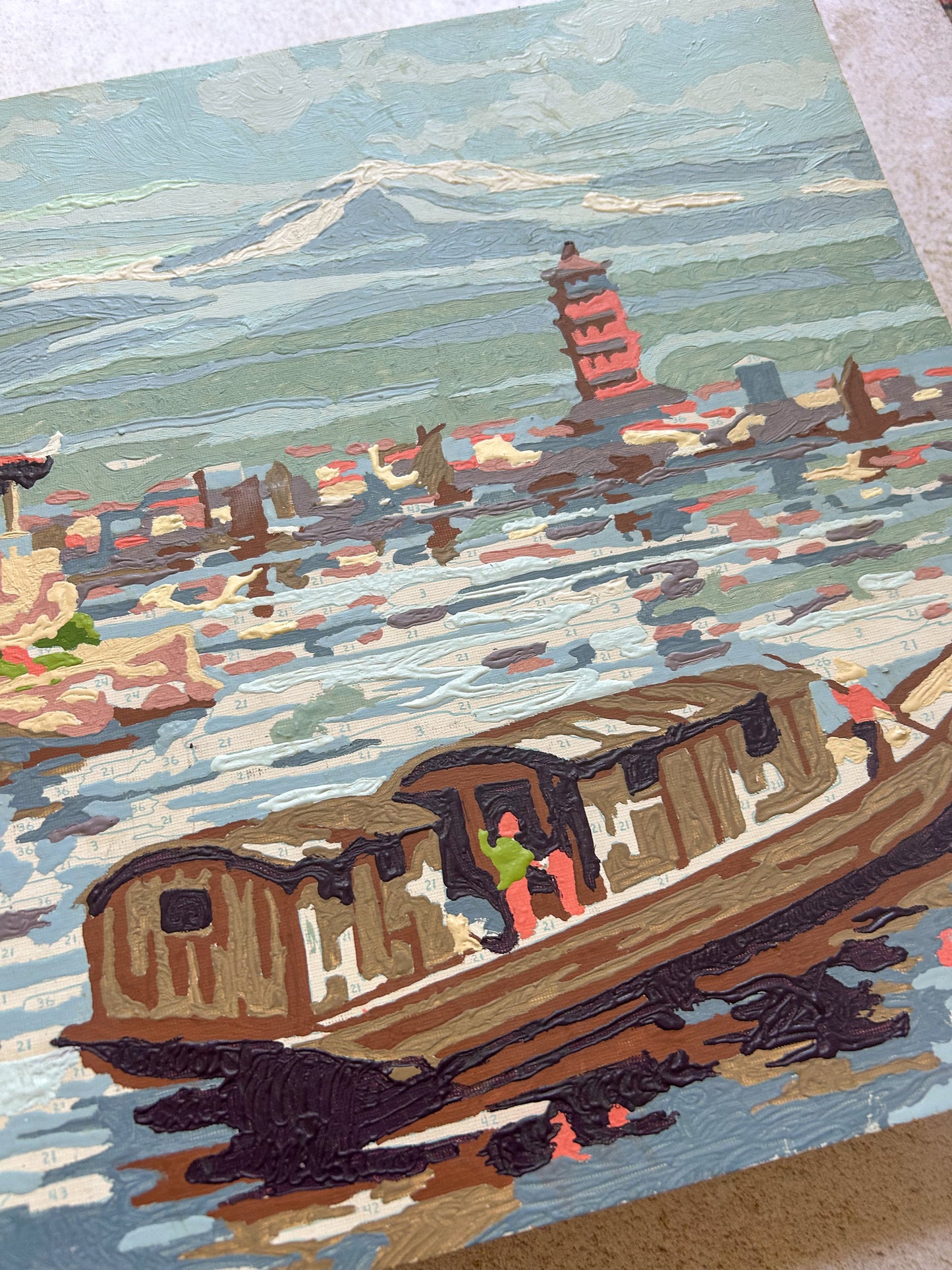 Vintage Paint by Number Boat on Lake Scene