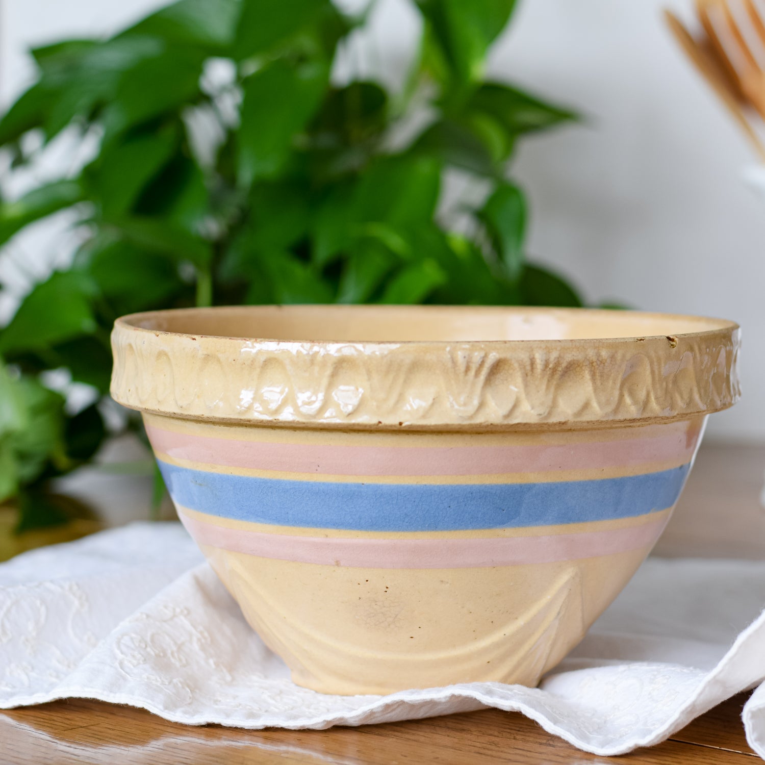 Yelloware Bowl Small Yellow Ware Blue Stripes Bands Stoneware Antique Crock deals