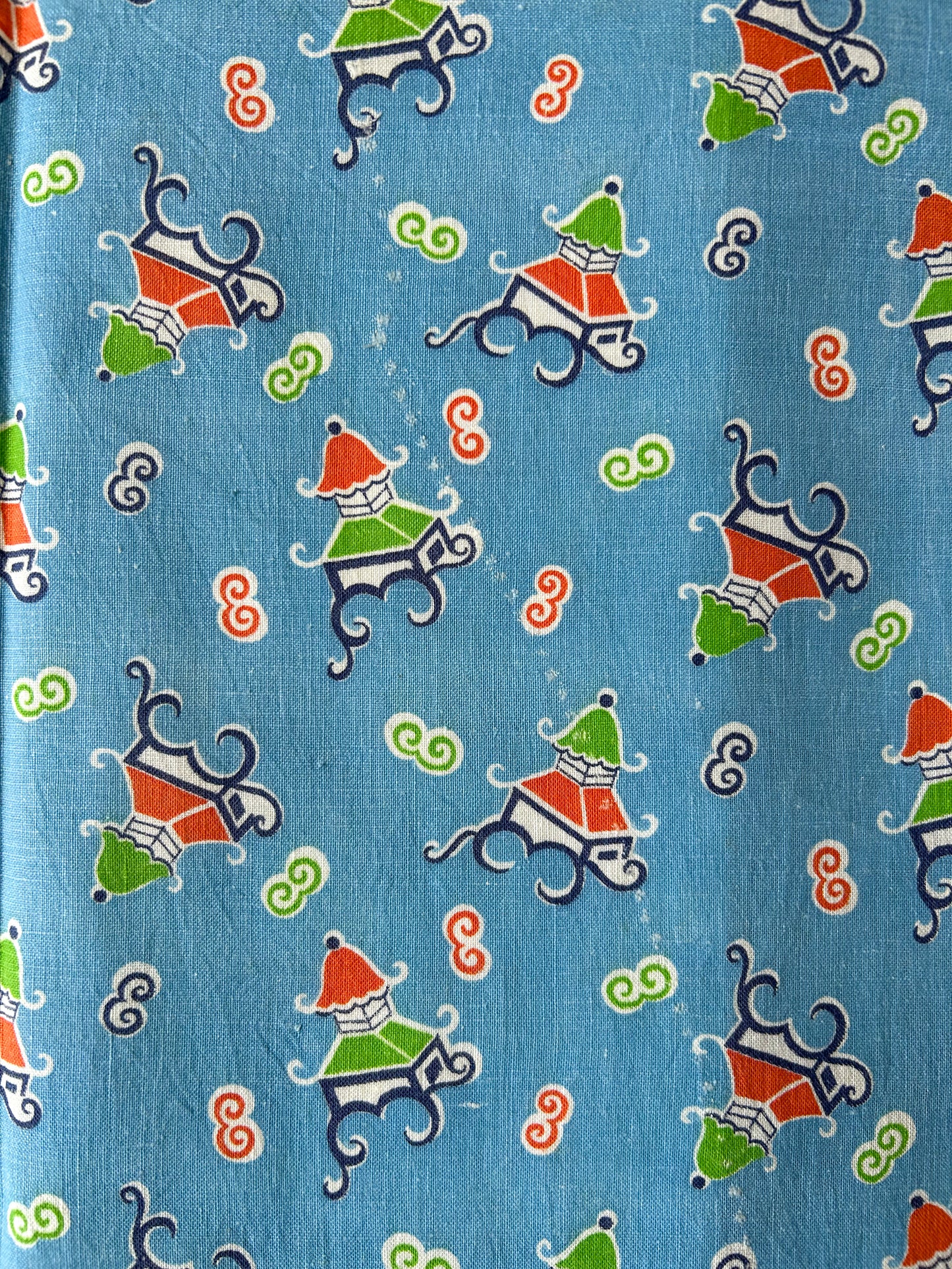 Pair 2 Blue Novelty Pagoda Vintage Feed Sacks
