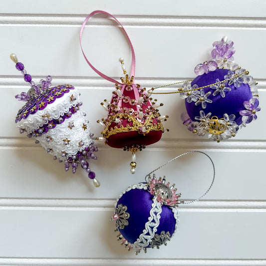 Set 4 Vintage Purple & Plum Pincushion Ornaments