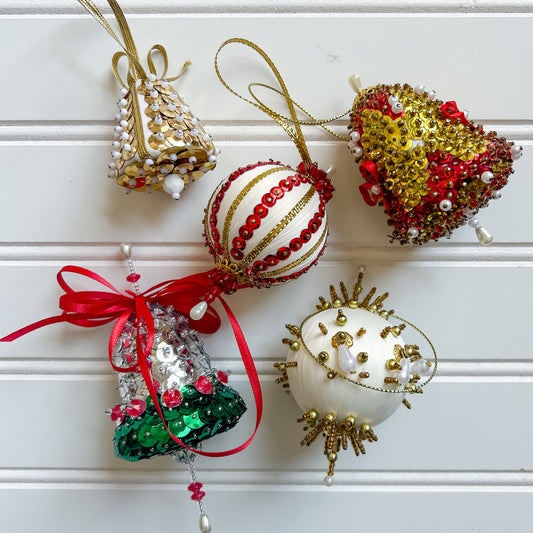 Set 5 Vintage Red & Gold Pincushion Christmas Ornaments