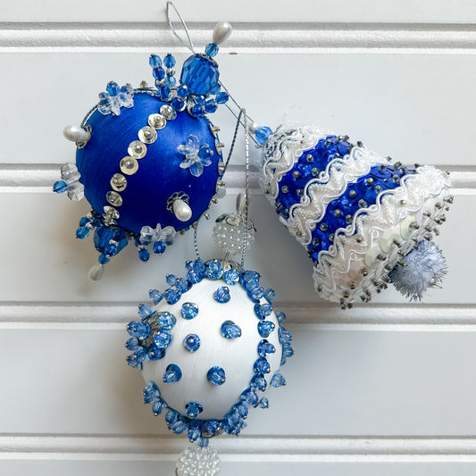 Set 3 Vintage Blue & White Pincushion Ornaments