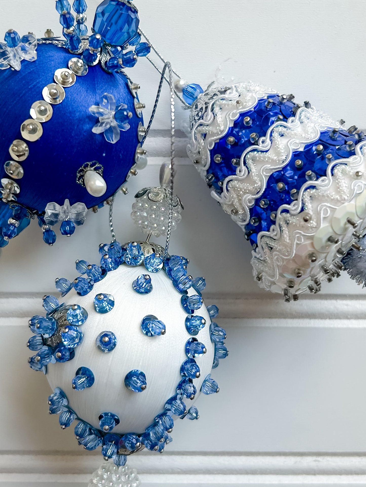 Set 3 Vintage Blue & White Pincushion Ornaments