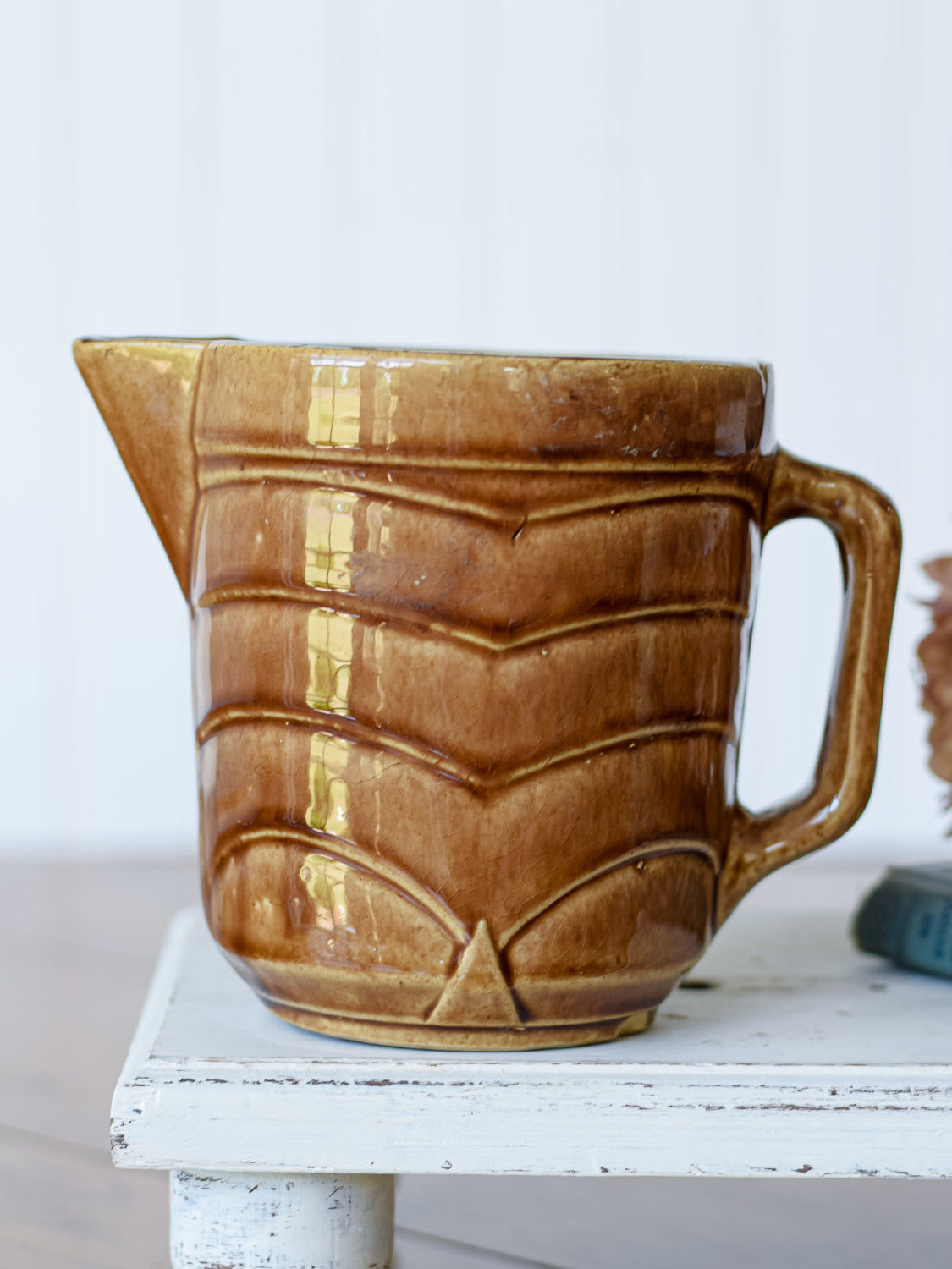 Vintage Brown Chevron Pottery Pitcher