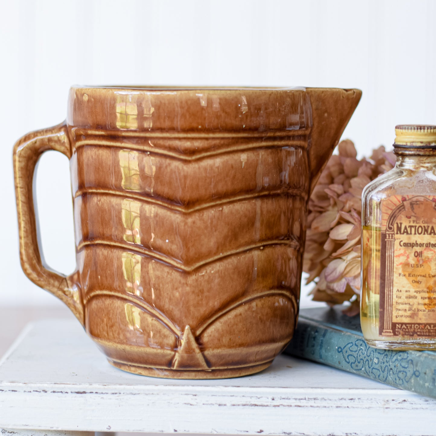 Vintage Brown Chevron Pottery Pitcher