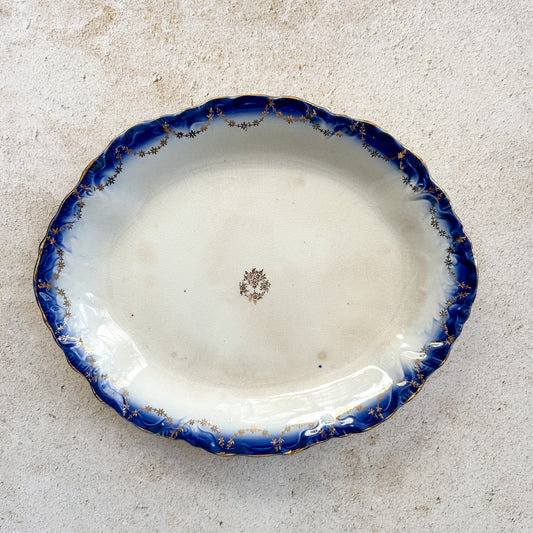 Antique Flow Blue Platter with Gold Trim