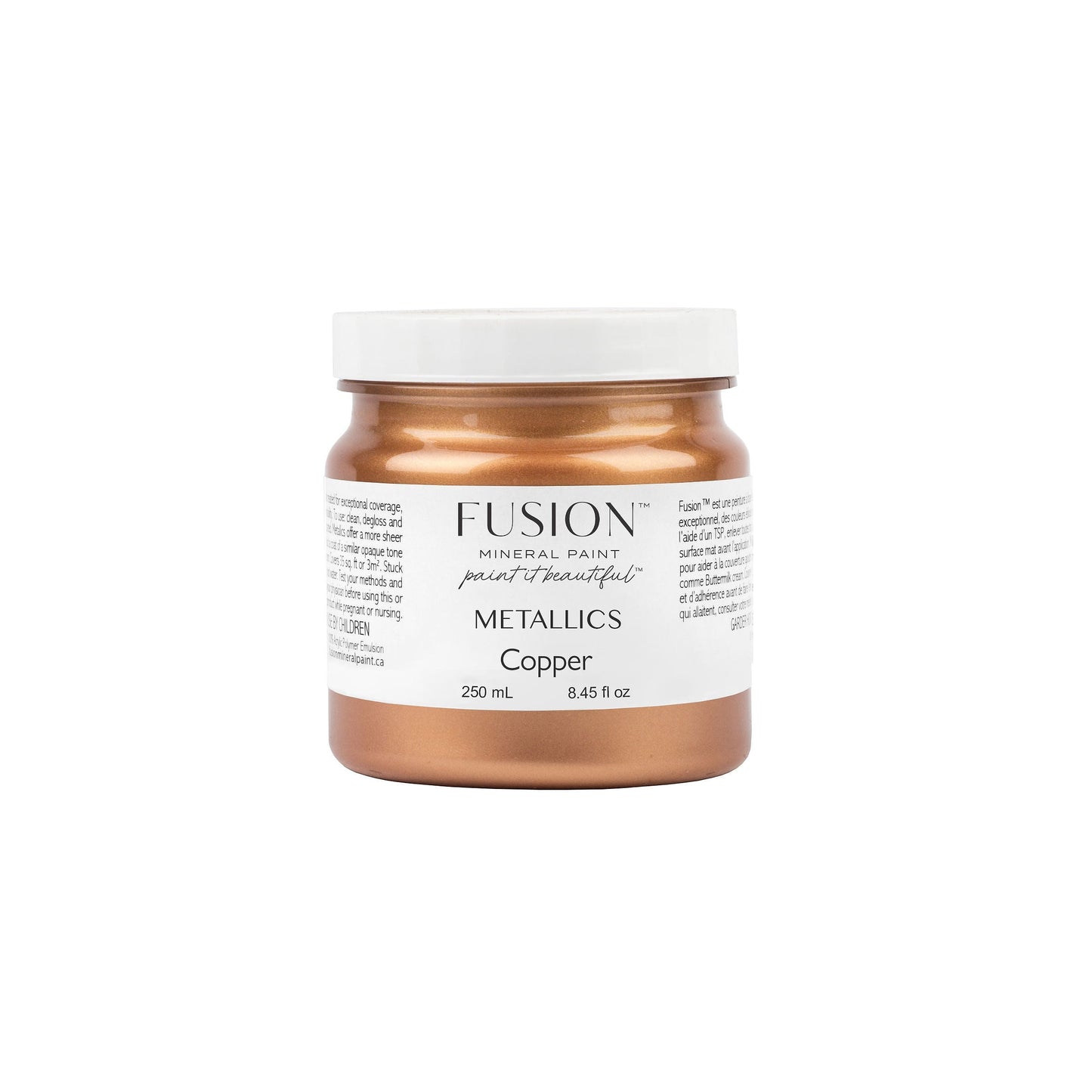 Jar of Fusion Metallics copper paint on a white background