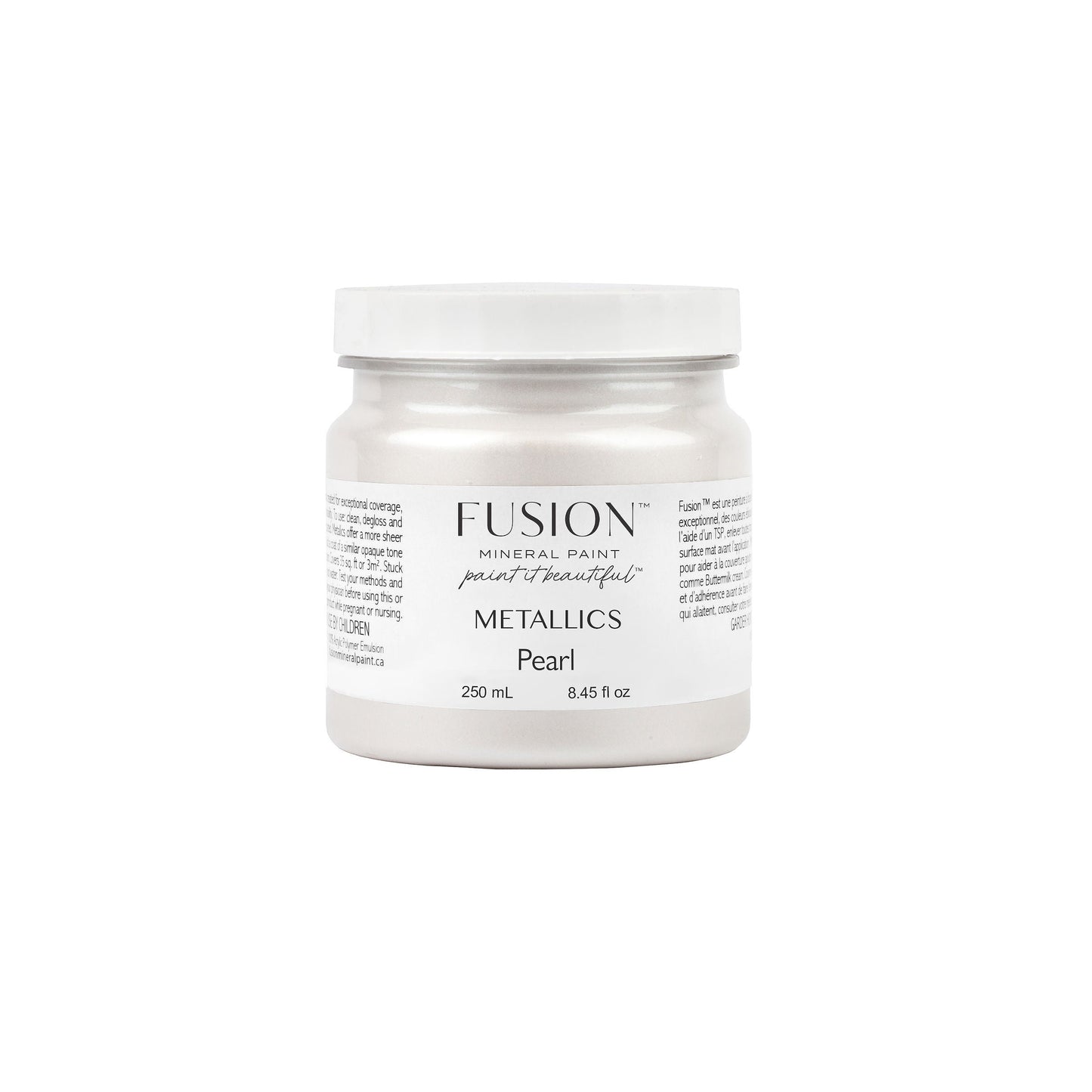 Jar of Fusion paint in pearl color on a white background