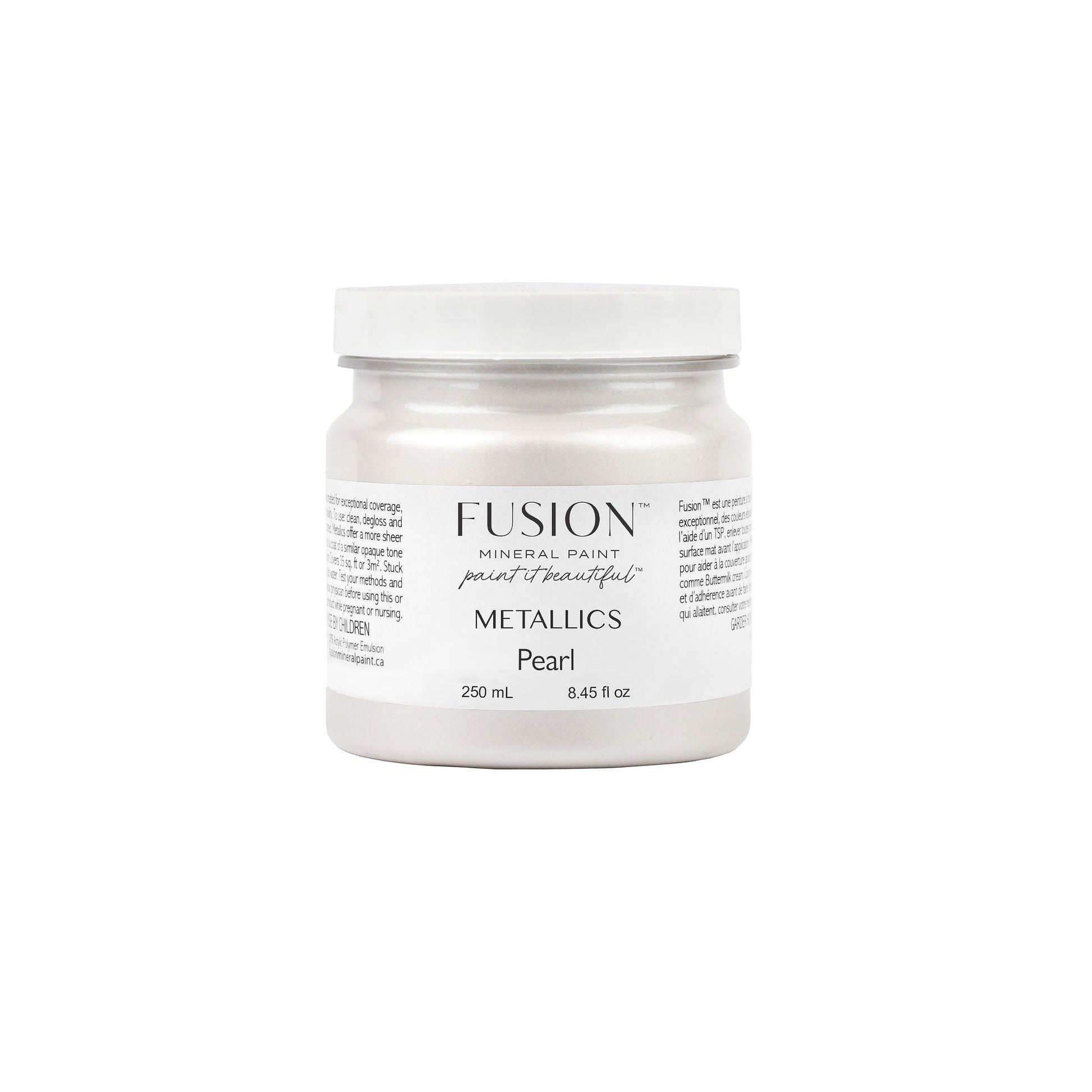 Jar of Fusion paint in pearl color on a white background