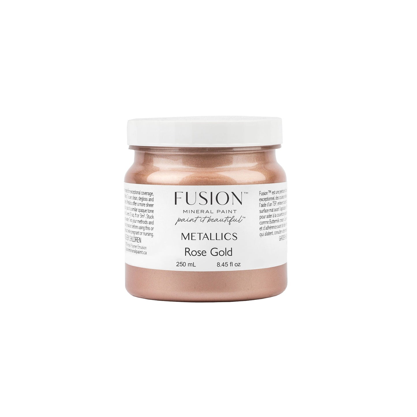 Jar of Fusion Metallics Rose Gold paint on a white background