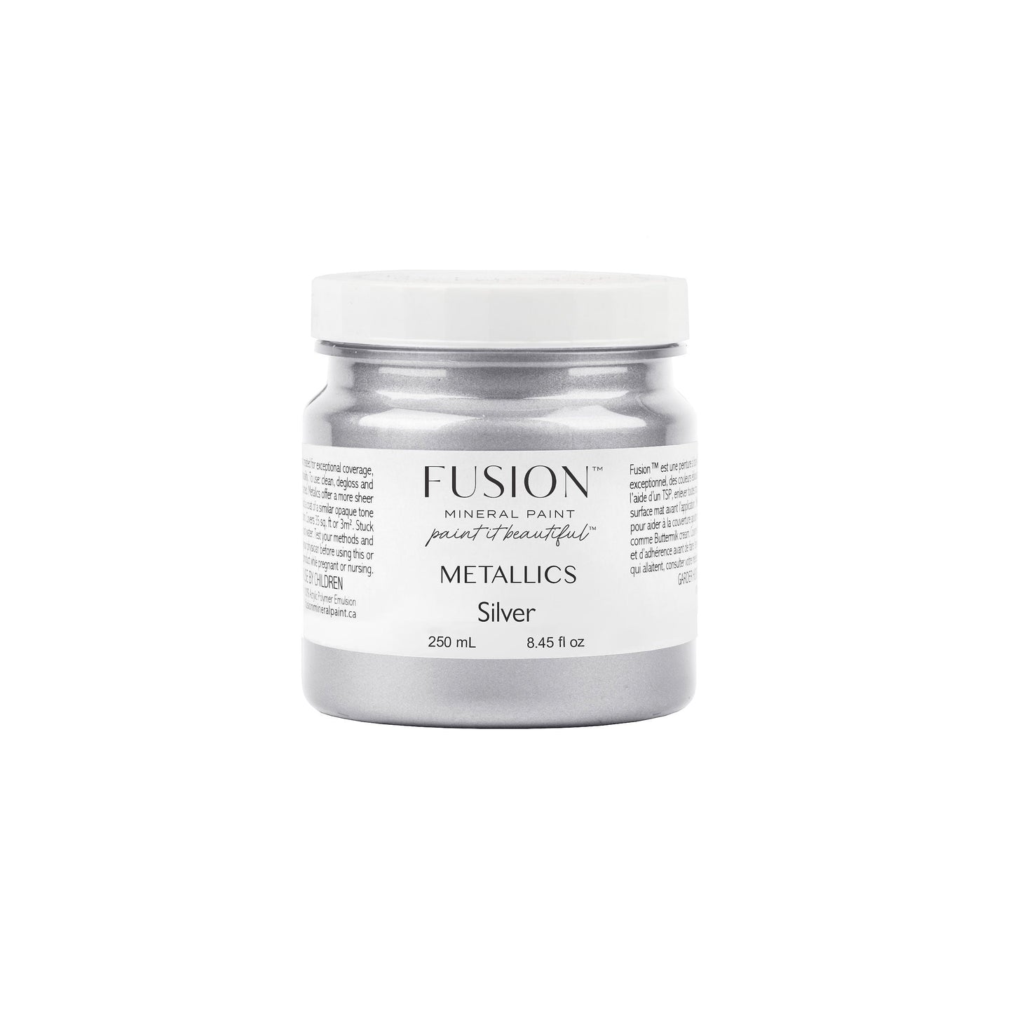 Jar of Fusion Metallics silver paint on a white background