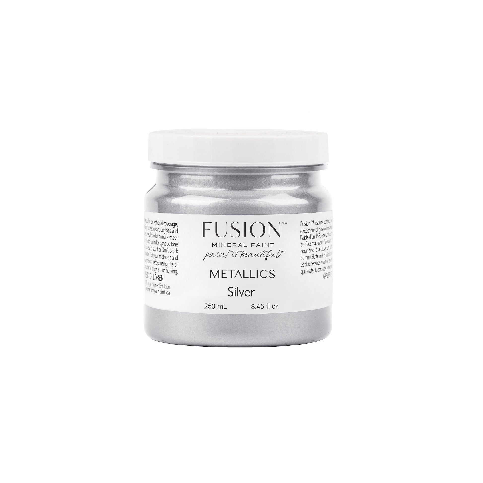 Jar of Fusion Metallics silver paint on a white background