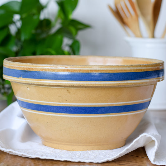 Large Yellow Ware Bowl with Blue Stripe