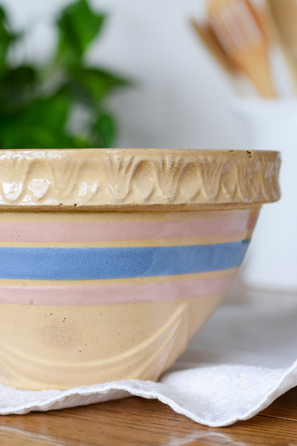 Vintage McCoy Pink and Blue Stripe Yellow Ware Bowl