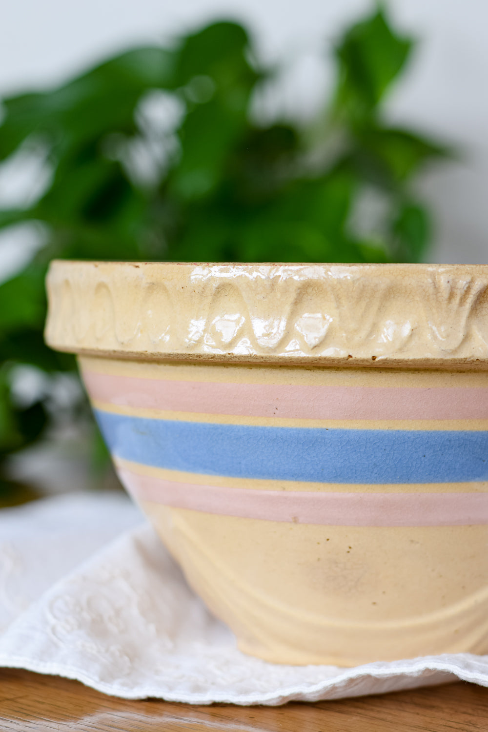 Vintage McCoy Pink and Blue Stripe Yellow Ware Bowl