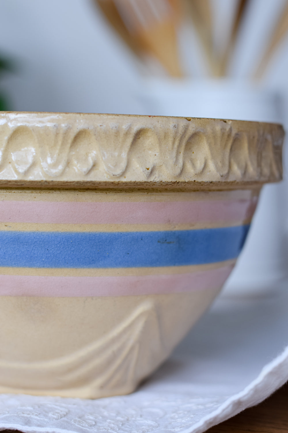 Vintage McCoy Pink and Blue Stripe Yellow Ware Bowl