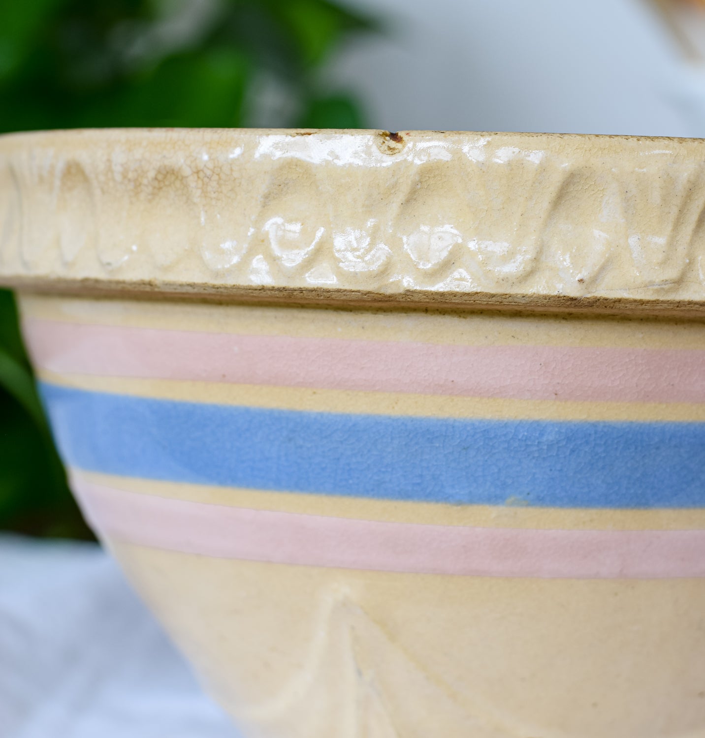 Vintage McCoy Pink and Blue Stripe Yellow Ware Bowl