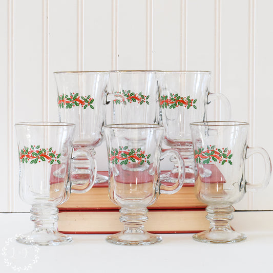 Set 6 Libbey Holly Glass Coffee Mugs