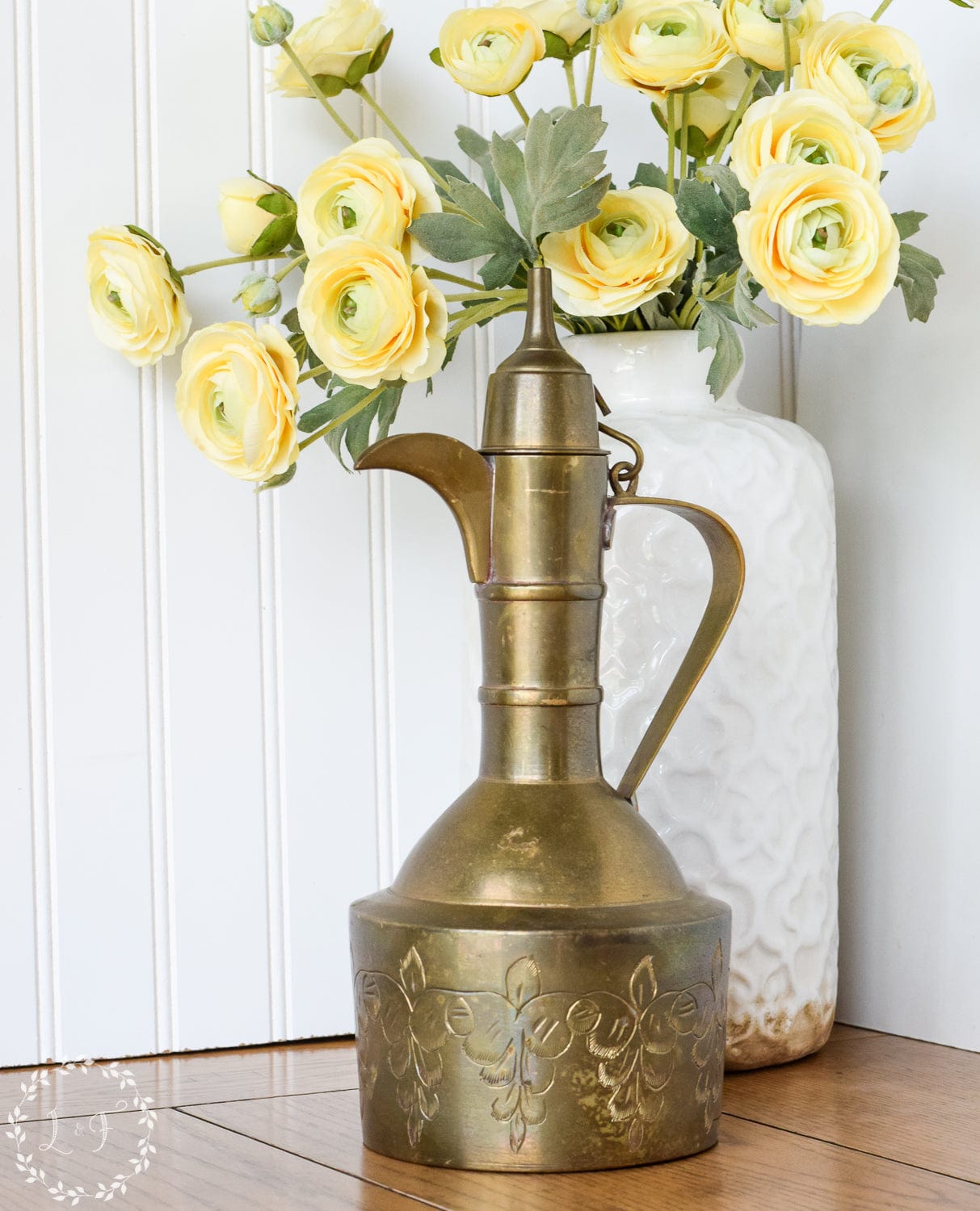 Vintage Etched Brass Dallah Pitcher with Lid